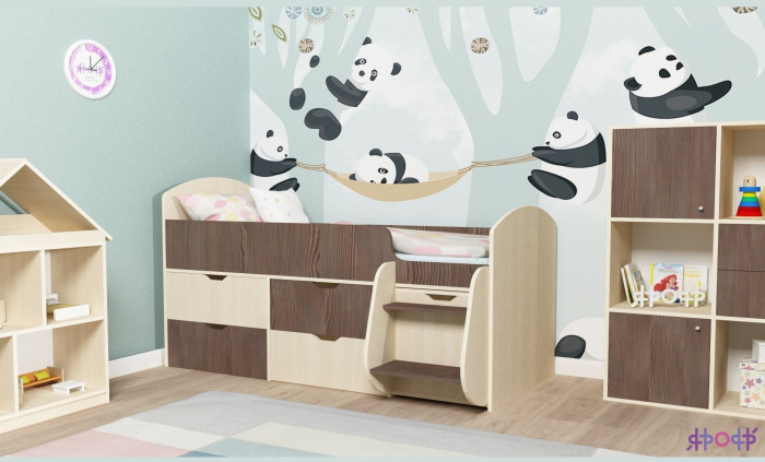 Кровать-чердак Малыш 7 (Дуб молочный/Ясень Анкор темный)