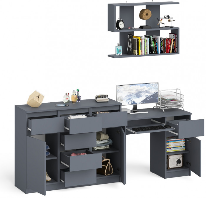 Мори Стол компьютерный МС-1 правый + Комод МК1200.4 + Полка 900, цвет графит, ШхГхВ 210,4х50х209,6 см., НЕ универсальная сборка