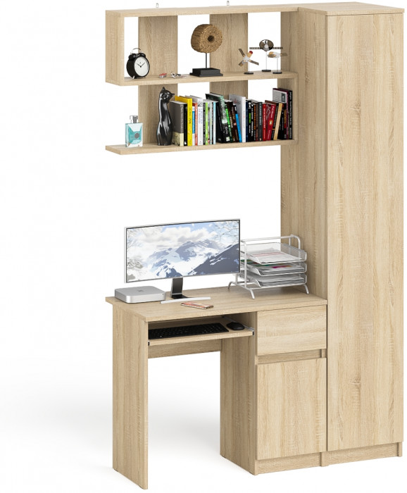 Мори Стол компьютерный МС-1 правый + Пенал МШ400.1 + Полка 900, цвет дуб сонома, ШхГхВ 130,4х50,4х209,6 см., НЕ универсальная сборка