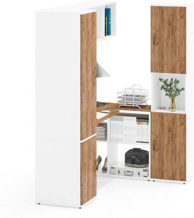 Лидер-8 Пенал МД 23Б + Стол + Полка + Пенал, белый шагрень/крафт золото