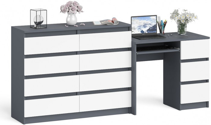 Мори компьютерный стол МС-6 правый + Комод МК1200.8, графит/белый