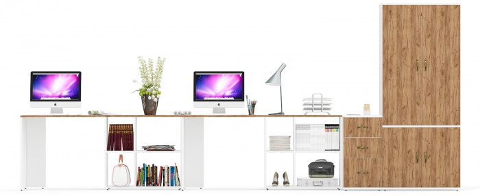 Лидер-8 Стол + Стол + Шкаф МД 19Б + Тумба МД 3.16, цвет белый шагрень/крафт золото, ШхГхВ 450х50х75/190 или 230х200/50х75/190 см., НЕ ун. сб.