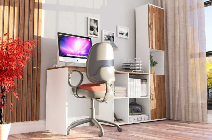 Лидер-8 Стол + Пенал, цвет белый шагрень/крафт золото, ШхГхВ 205х50/30х75/190 см. или 115х50/120х75/190 см., НЕ универсальная сборка