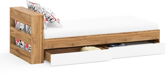 Ксения Кровать с ящиками 0900, цвет дуб вотан/белый, ШхГхВ 96,4х221,6х72 см., сп.м. 900х2000 мм., без матраса, основание есть, ун. сб.