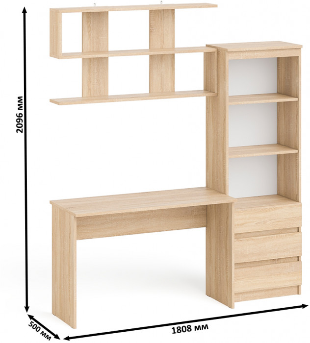 Мори Стол письменный МСП1200.1 + Стеллаж МСТ600.3 + Полка 1200, цвет дуб сонома, ШхГхВ 180,8х50х209,6 см., универсальная сборка