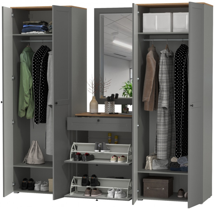 Остин Прихожая 28, цвет серый графит/дуб крафт золотой, ШхГхВ 240х54,3х229,6 см., универсальная сборка