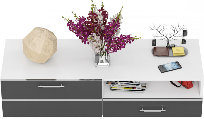 Тумба под ТВ Ларго 1,4, цвет корпус белый/фасады МДФ графитово-серый глянец, ШхГхВ 140х46х35 см., НЕ универсальная сборка