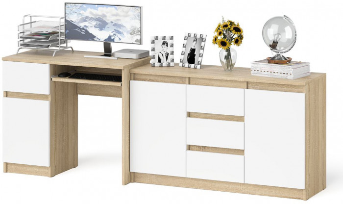 Мори Стол компьютерный МС-1 левый + Комод МК1200.3, цвет дуб сонома/белый, ШхГхВ 210,4х50х76,6 см., выдвижной ящик слева, НЕ универсальная сборка