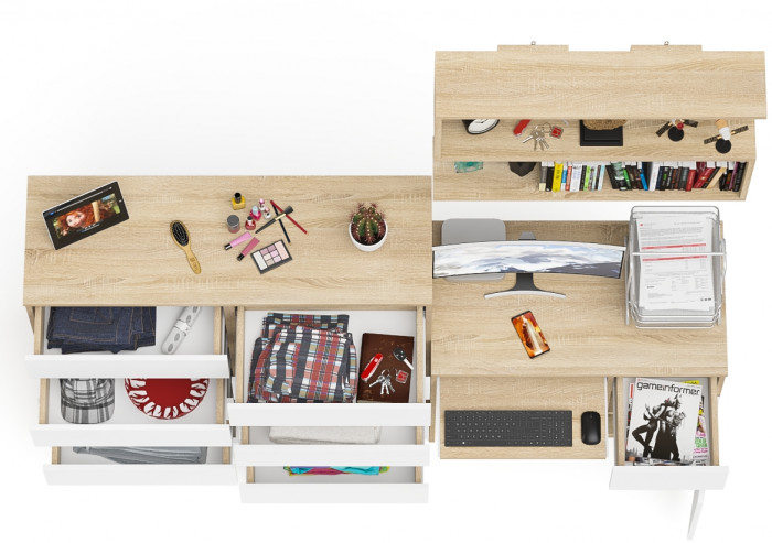 Мори Стол компьютерный МС-1 правый + Комод МК1200.10 + Полка 900, цвет дуб сонома/белый, ШхГхВ 210,4х50х209,6 см., НЕ универсальная сборка