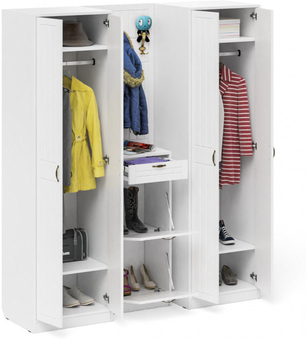 Прихожая П-6 Компоновка № 15, цвет белая шагрень/фасады МДФ белое дерево фрезеровка прованс, ШхГхВ 180х50х210 см., универсальная сборка