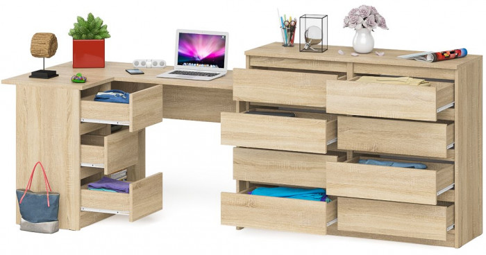 Мори компьютерный стол МС-16 левый + Комод МК1200.8, дуб сонома