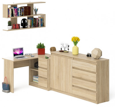 Мори компьютерный стол МС-16 правый + Комод МК1600.1 + Полка 1200, дуб сонома