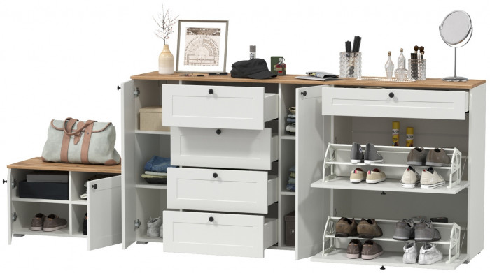 Остин 16.221 Комод + 16.121 Тумба для обуви + 13.257 Тумба, белый шагрень/дуб крафт золотой