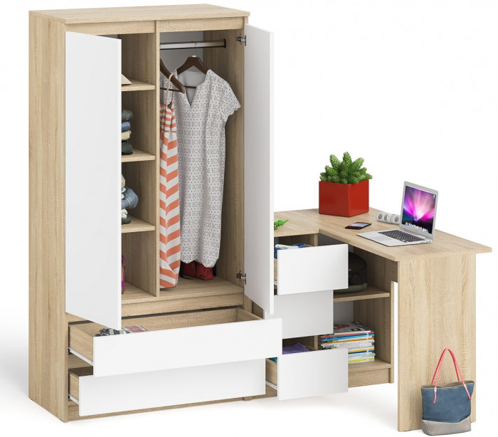 Мори компьютерный стол МС-16 левый + Шкаф МШ900.1, дуб сонома/белый