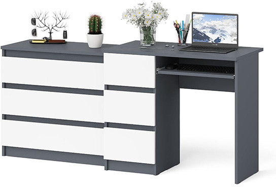 Мори компьютерный стол МС-6 левый + Комод МК800.1, графит/белый