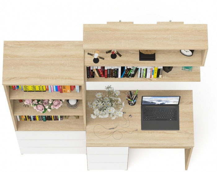 Мори компьютерный стол МС-6 левый + Стеллаж МСТ600.3 + Полка 900, дуб сонома/белый