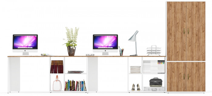 Лидер-8 Стол + Стол + Шкаф МД 19Б, цвет белый шагрень/крафт золото, ШхГхВ 410х50х75/190 или 230х160/50х75/190 см., НЕ универсальная сборка