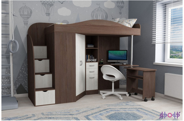 Кровать-чердак Юниор 4 (Ясень Анкор Темный/Винтерберг)