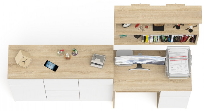 Мори Стол компьютерный МС-1 правый + Комод МК1200.4 + Полка 900, цвет дуб сонома/белый, ШхГхВ 210,4х50х209,6 см., НЕ универсальная сборка