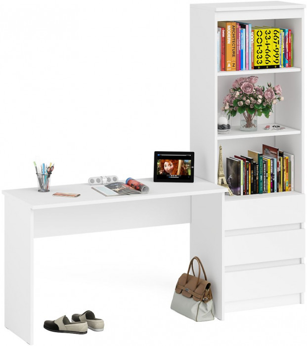 Мори Стол письменный МСП1200.1 + Стеллаж МСТ600.3, цвет белый, ШхГхВ 180,8х50х179,6 см., универсальная сборка