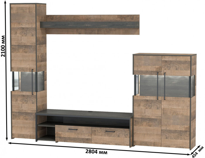 Трувор Гостиная 025, цвет дуб гранж песочный/интра, ШхГхВ 280,4х45,4х210 см., универсальная сборка