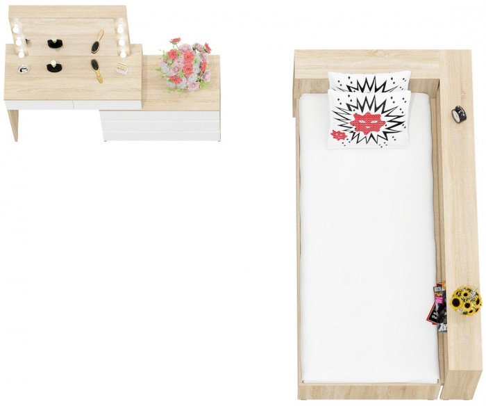 Ксения Кровать с ящиками 0900 + прикроватный блок + Столик с подсветкой 110, дуб сонома/белый