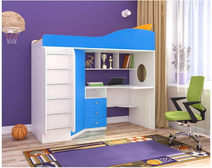 Кровать-чердак Кадет 1 с металлической лестницей (Белое дерево/Лайм)