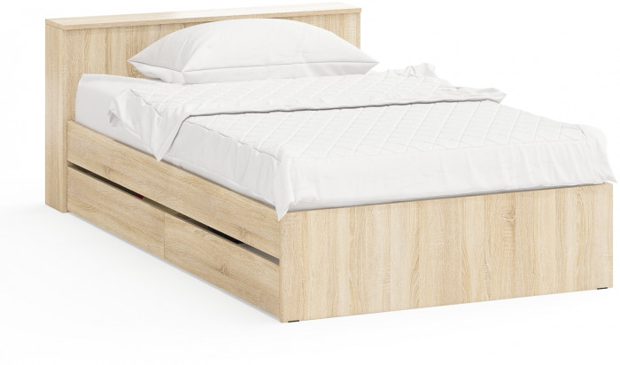 Ксения Кровать с ящиками 1200, цвет дуб сонома, ШхГхВ 126,4х221,6х72 см., сп.м. 1200х2000 мм., без матраса, основание есть, универсальная сборка