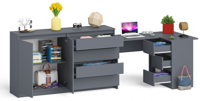 Мори компьютерный стол МС-16 правый + Комод МК1600.1, графит
