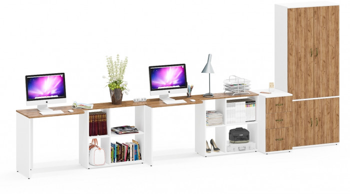 Лидер-8 Стол + Стол + Шкаф МД 20Б + Тумба МД 3.16, цвет белый шагрень/крафт золото, ШхГхВ 450х50/37,5х75/190 или 230х200/50х75/190 см., НЕ ун. сб.