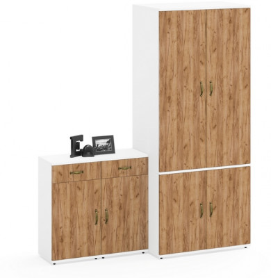 Лидер-8 Шкаф МД 19Б + Тумба МД 3.15 + Тумба МД 3.15, цвет белый шагрень/крафт золото, ШхГхВ 160х50х190 см., универсальная сборка