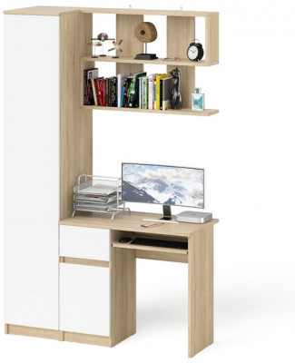 Мори Стол компьютерный МС-1 левый + Пенал МШ400.1 + Полка 900, цвет дуб сонома/белый, ШхГхВ 130,4х50,4х209,6 см., НЕ универсальная сборка