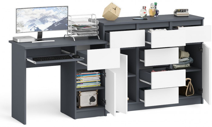 Мори Стол компьютерный МС-1 правый + Комод МК1200.4, цвет графит/белый, ШхГхВ 210,4х50х94 см., выдвижной ящик справа, НЕ универсальная сборка