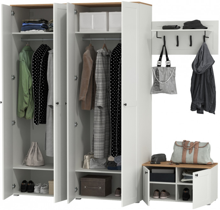 Остин Прихожая 31, цвет белый шагрень/дуб крафт золотой, ШхГхВ 240х54,3х229,6 см., универсальная сборка