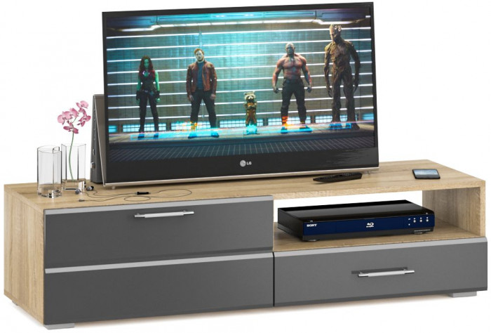 Тумба под ТВ Ларго 1,4, цвет корпус дуб сонома/фасады МДФ графитово-серый глянец, ШхГхВ 140х46х35 см., НЕ универсальная сборка