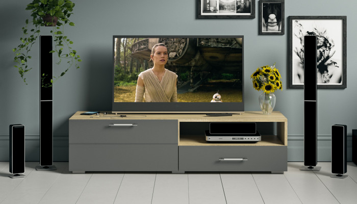 Тумба под ТВ Ларго 1,4, цвет корпус дуб сонома/фасады МДФ графитово-серый глянец, ШхГхВ 140х46х35 см., НЕ универсальная сборка