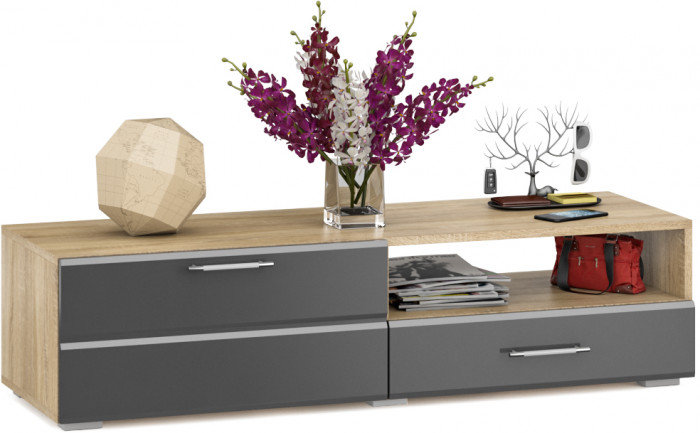 Тумба под ТВ Ларго 1,4, цвет корпус дуб сонома/фасады МДФ графитово-серый глянец, ШхГхВ 140х46х35 см., НЕ универсальная сборка