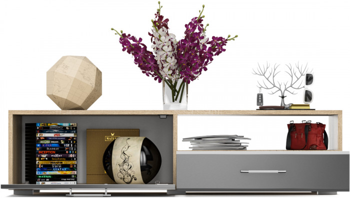 Тумба под ТВ Ларго 1,4, цвет корпус дуб сонома/фасады МДФ графитово-серый глянец, ШхГхВ 140х46х35 см., НЕ универсальная сборка