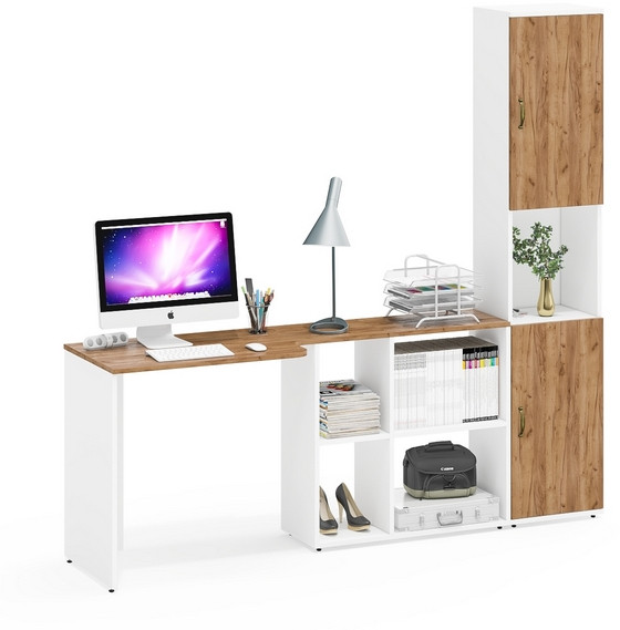 Лидер-8 Стол + Пенал, цвет белый шагрень/крафт золото, ШхГхВ 205х50/30х75/190 см. или 115х50/120х75/190 см., НЕ универсальная сборка