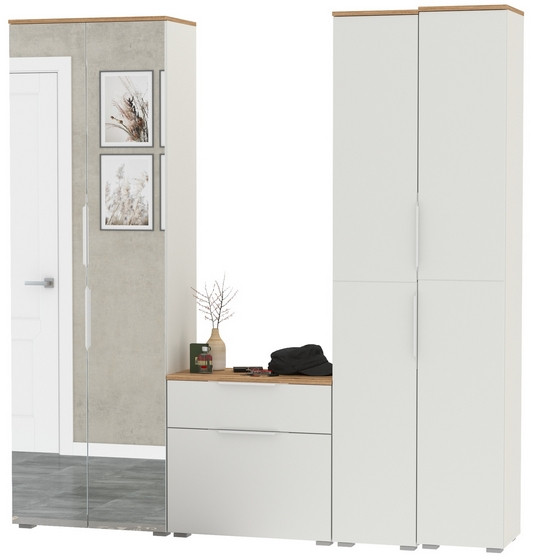 Октава Прихожая 28, цвет белый шагрень/дуб крафт золотой/фасады МДФ белый шагрень, ШхГхВ 193,7х35,4х197,6 см., универсальная сборка