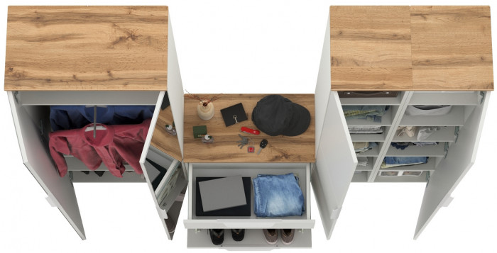 Октава Прихожая 28, цвет белый шагрень/дуб крафт золотой/фасады МДФ белый шагрень, ШхГхВ 193,7х35,4х197,6 см., универсальная сборка