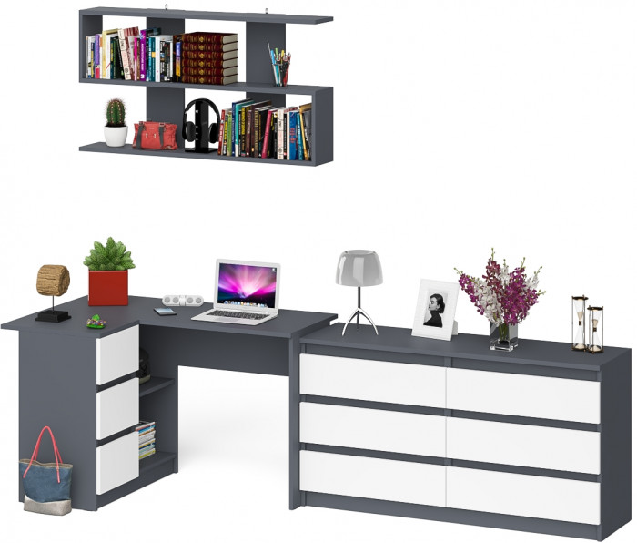 Мори компьютерный стол МС-16 левый + Комод МК1380.6 + Полка 1200, графит/белый