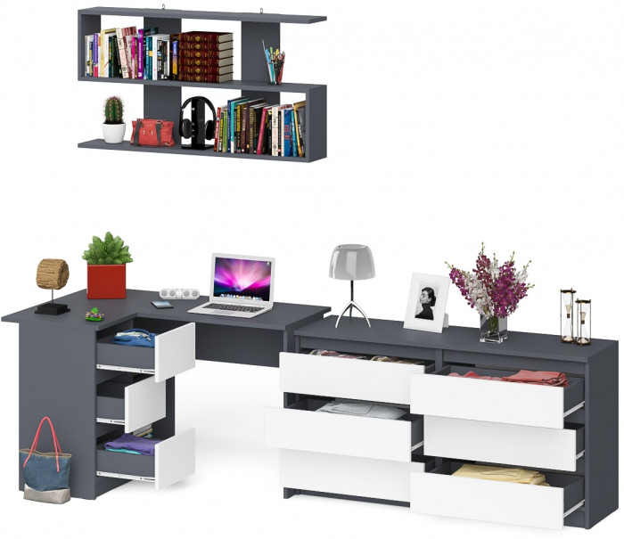Мори компьютерный стол МС-16 левый + Комод МК1380.6 + Полка 1200, графит/белый