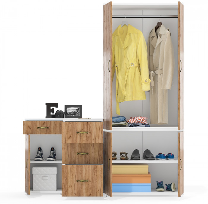 Лидер-8 Шкаф МД 19Б + Тумба МД 3.15 + Тумба МД 3.16, цвет белый шагрень/крафт золото, ШхГхВ 160х50х190 см., универсальная сборка