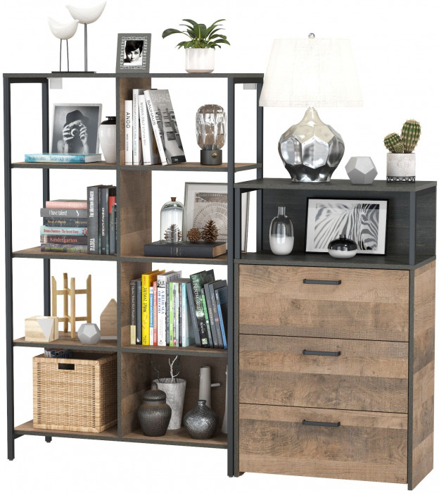 Трувор 13.151.02 Стеллаж + 13.307.02 Комод с ящиками, цвет дуб гранж песочный/интра, ШхГхВ 156х37х146 см., универсальная сборка