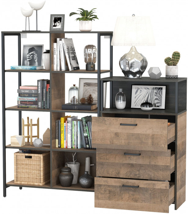 Трувор 13.151.02 Стеллаж + 13.307.02 Комод с ящиками, цвет дуб гранж песочный/интра, ШхГхВ 156х37х146 см., универсальная сборка