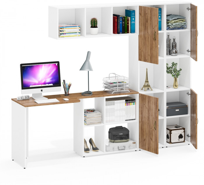 Лидер-8 Стол + Полка + Пенал + Пенал, цвет белый шагрень/крафт золото, ШхГхВ 245х50/30х75/190 или 160х115/30х75/190 см., НЕ универсальная сборка