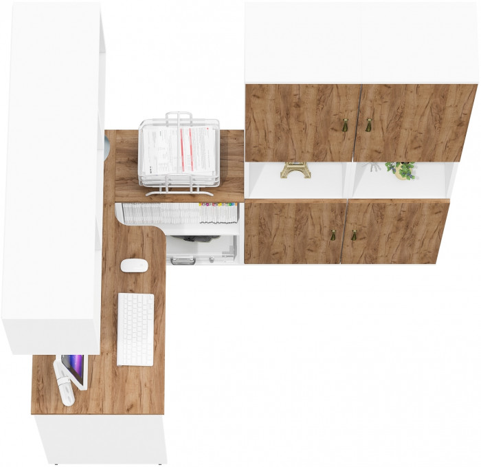 Лидер-8 Стол + Полка + Пенал + Пенал, цвет белый шагрень/крафт золото, ШхГхВ 245х50/30х75/190 или 160х115/30х75/190 см., НЕ универсальная сборка