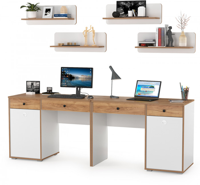 Вуди Компоновка № 02, цвет белый премиум/дуб крафт золотой, ШхГхВ 220х52,7х180 см., универсальная сборка