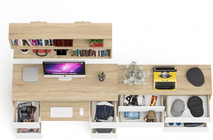 Мори компьютерный стол МС-2 + Комод МК1200.6 + Полка 1200, дуб сонома/белый